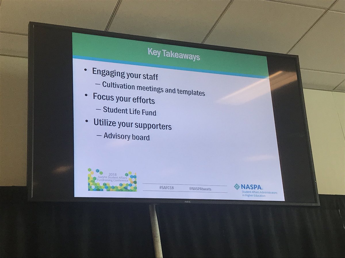 robertssnyder's tweet photo. How @ualbany keeps #fundraising and engagement top-of-mind for their #SAPro team: 1) engage your staff 2) focus your efforts 3) utilize your supporters #SAFC18 https://t.co/P2riMYLdRI