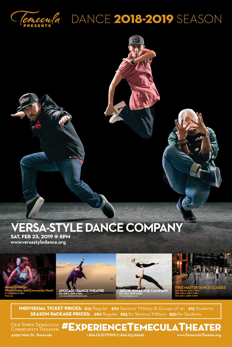 temeculatheater's tweet photo. #ExperienceTemeculaTheater 2018-19 Season #DanceInTemecula #TemeculaDances @versastylela @avocadodances #JacobJonas The Company @danceXchang3 #LetsDance #TemeculaHasTalent @visit_temecula @TemeculaPAC @MSJCedu @dwalkervocalman #ArtOffTheWalls @cityoftemecula #YouthMusicalTheater https://t.co/N2HPn9Nuj3