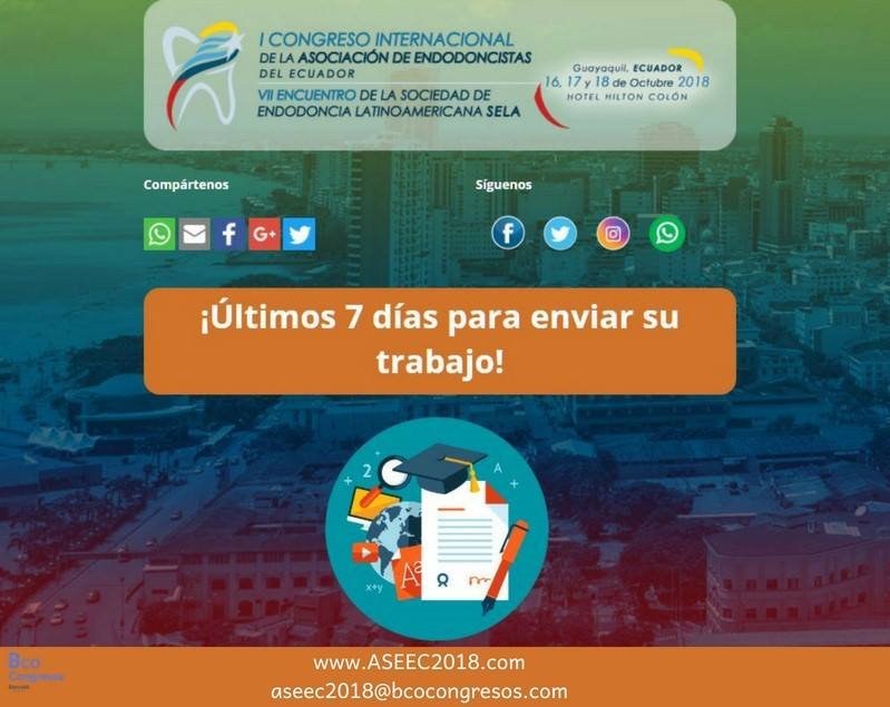 ASEEC2018's tweet photo. ➡️El I Encuentro de Investigación SELA cierra su plazo de 
envío de trabajos en tan sólo una semana (1 de agosto)
¡Si su trabajo está entre los mejores se ahorrará el costo del 
próximo Congreso SELA!

https://t.co/HRof5nEjim
#Congreso #endodoncia #dental #Guayaquil #Ecuador https://t.co/fZY8r6qawQ