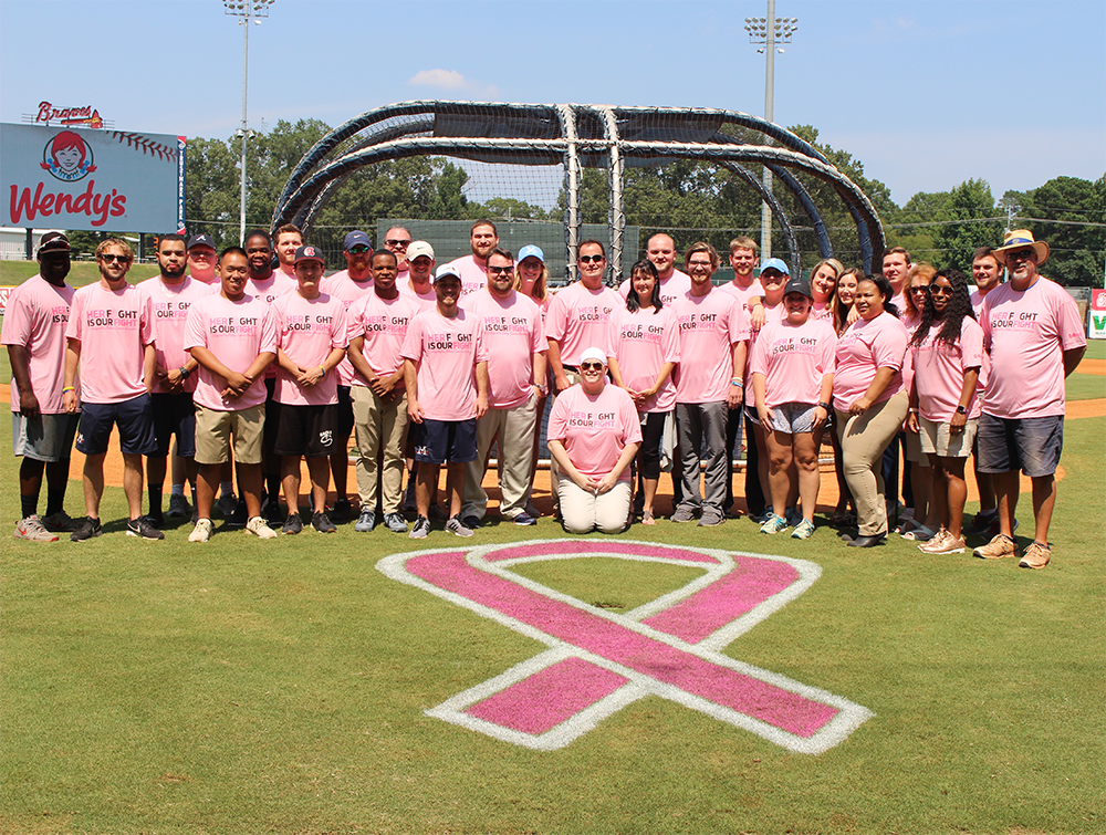 mbraves's tweet photo. Today we stand and fight with our dear co-worker/friend Christy Shaw who is currently WINNING her fight against breast cancer. Proceeds of tonight's silent auction of pink @Braves gear will benefit @SusanGKomen. #CStrong #HerFightIsOurFight https://t.co/9rgcmw3iEK