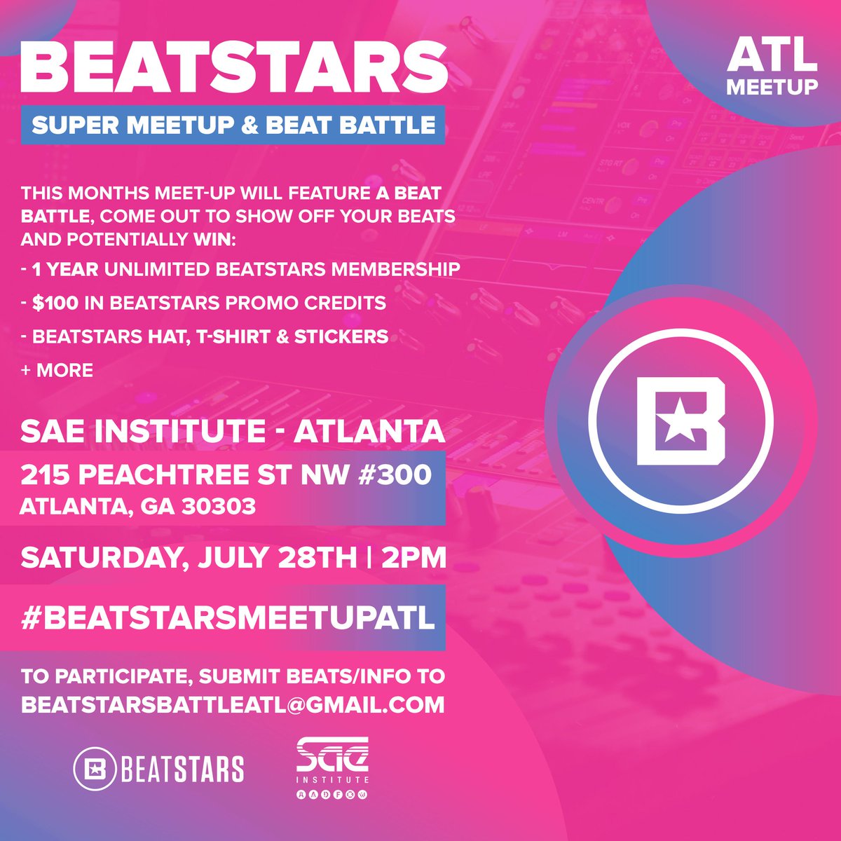 BeatStars's tweet photo. This months #BeatStarsMeetUpATL is a SUPER Meetup ๐๐ช
We will be holding a Beat Battle at the #BeatStarsMeetup on July 28th, 2PM at @SAEAtlanta ๐ฏ
To participate, submit beats/info to beatstarsbattleATL@gmail.com. Shout-out, @BubbaGotBeatz! https://t.co/11QIfa04vj