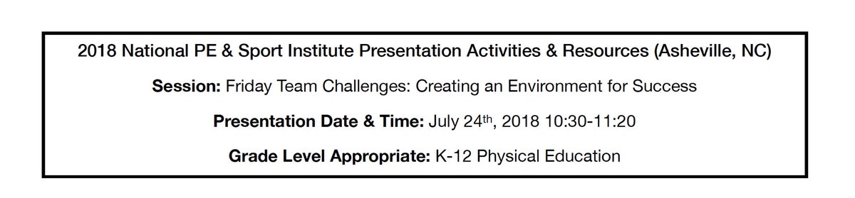 RArmstrongPE's tweet photo. Link to access my handouts from #PEInstitute18 session = https://t.co/uR77at23dd Over 20+ Handouts including:
- Fri Team Challenges demonstrated
- 9 docs on assessment
- 7 activity vids
- Songs used
- Management tips + MORE

Uploaded to Sched as well but only allowed 10 #physed https://t.co/gJLeSdX1mf