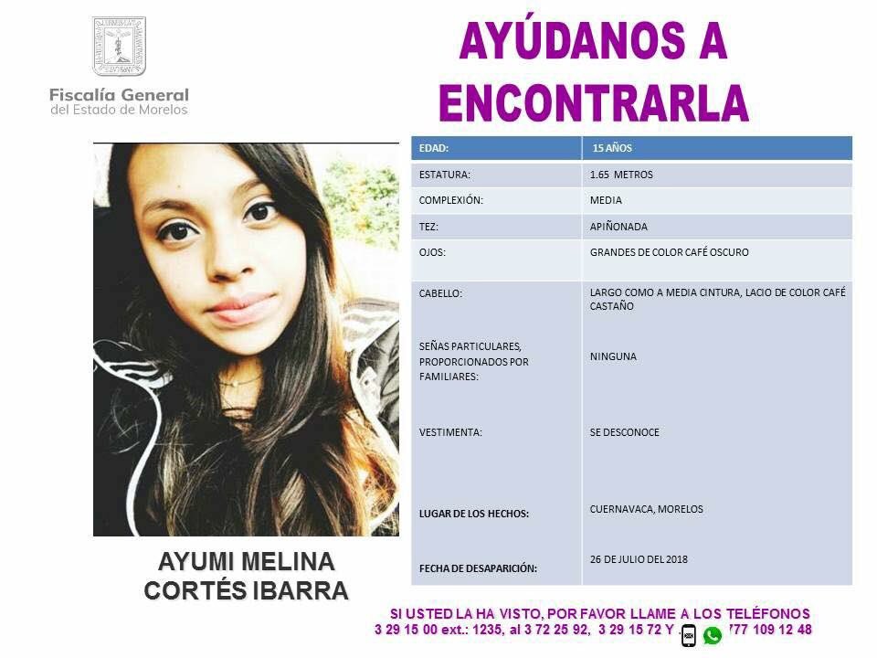 DENUNCIAMORELOS's tweet photo. La @Fiscalia_Mor y la familia de AYUMI MELINA CORTÉS IBARRA solicitan ayuda para localizarla. Compartan por favor. #ayuda #sos #rt #Cuernavaca #Morelos #Seguridad #desaparecida #Alerta #AlertaAmber cualquier información es importante. https://t.co/RpnhB0jZge