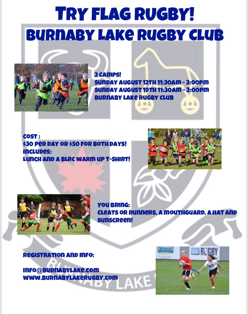 Mini flag rugby camps at Burnaby Lake Aug 12 &amp; Aug 19th! A great way to introduce rugby to players 12 and under! 
Email info@burnabylakerugby.com to sign up or for more info! <a href="/BCRugbyNews/">BC Rugby News</a> <a href="/bcrugbyunion/">BC Rugby</a>