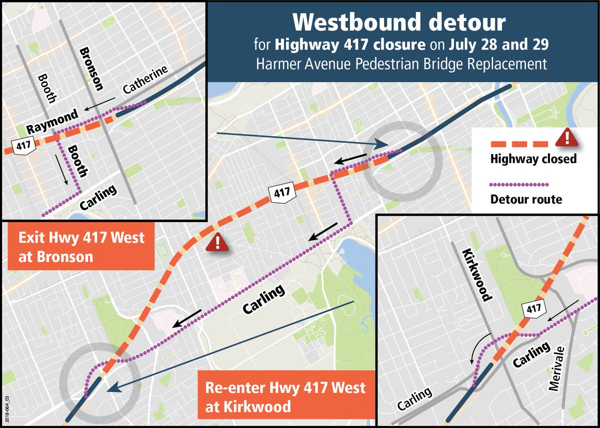 ottawacity's tweet photo. REMINDER: Hwy 417 from Kirkwood to Bronson will be closed in both directions from 5 pm Saturday to 11 am Sunday. Take note of the detour or plan alternate travel routes. Delays are expected. For full project details: https://t.co/47IvpF6i1s #OttTraffic https://t.co/wcA9sU4eNp