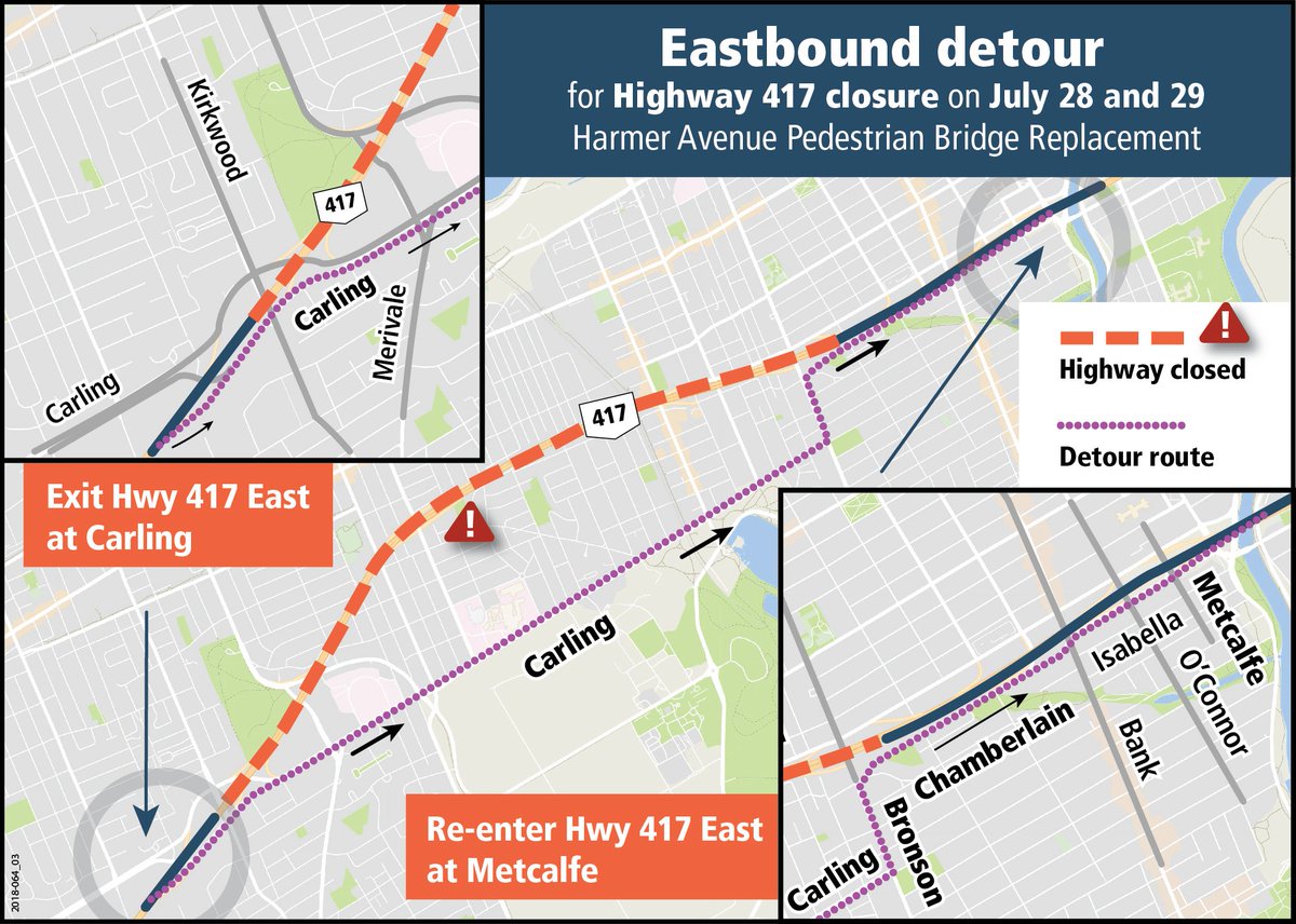 ottawacity's tweet photo. REMINDER: Hwy 417 from Kirkwood to Bronson will be closed in both directions from 5 pm Saturday to 11 am Sunday. Take note of the detour or plan alternate travel routes. Delays are expected. For full project details: https://t.co/47IvpF6i1s #OttTraffic https://t.co/wcA9sU4eNp