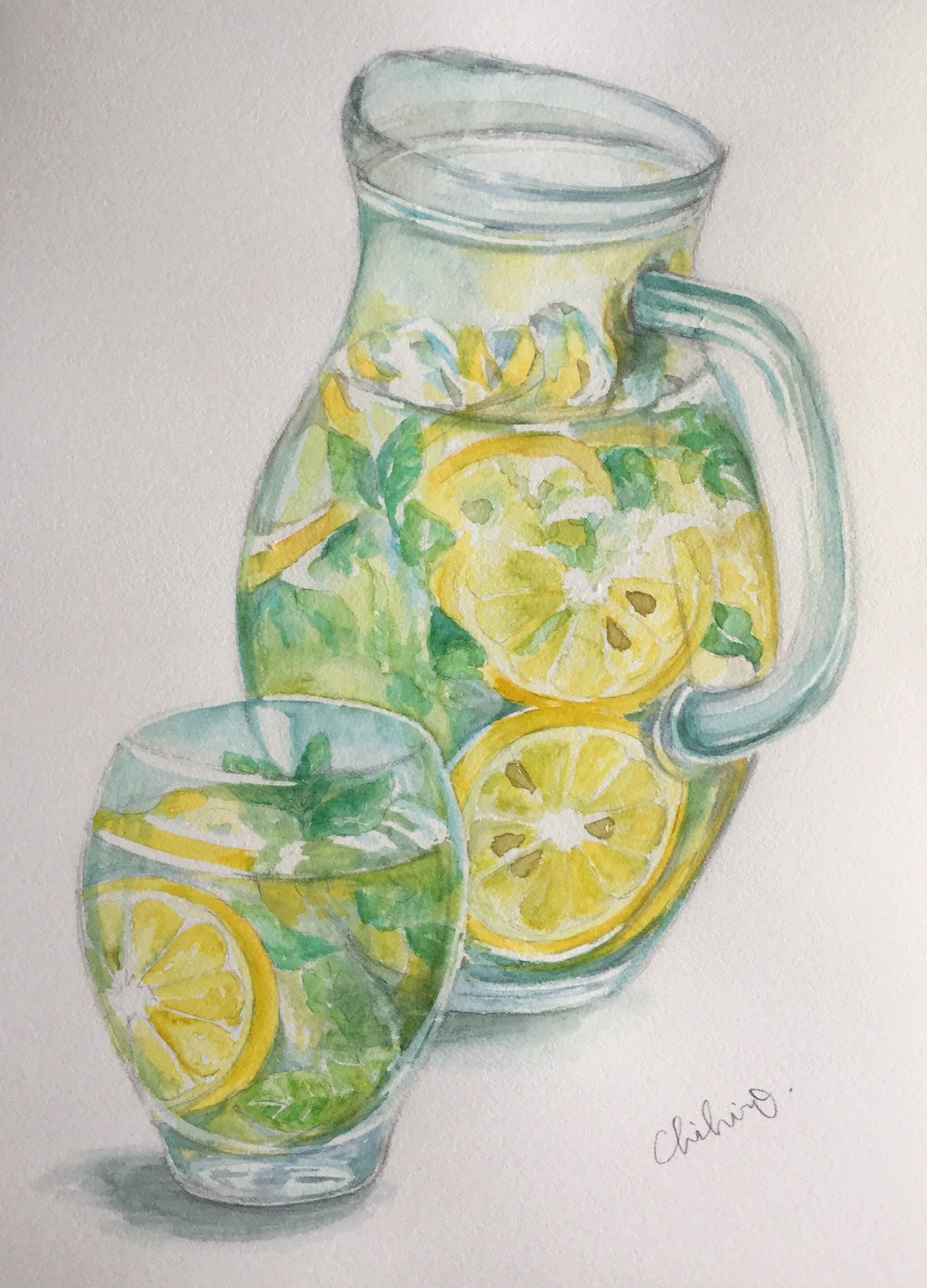 Mog Neko Yellow Water 水彩画 絵画 イラスト デトックスウォーター