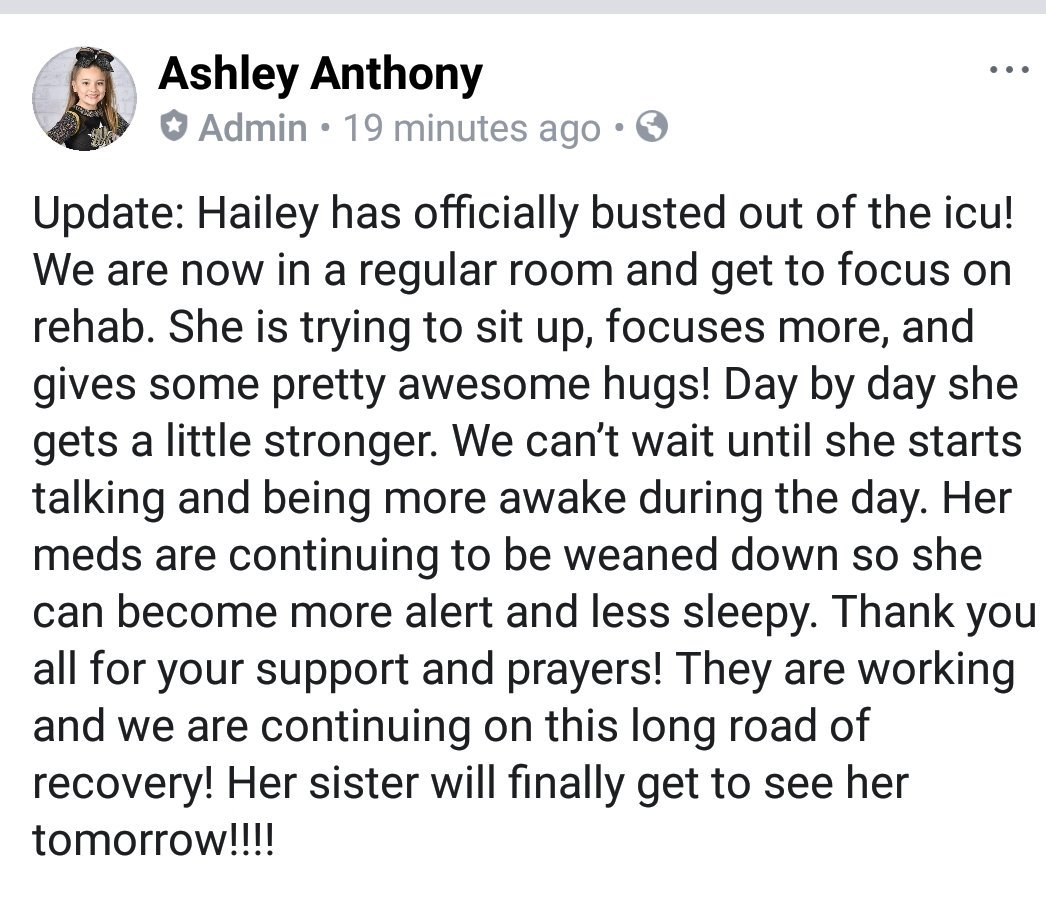 WorldCupOhio's tweet photo. Our Hailey is officially out of the ICU!!! We can't thank everyone enough for all their prayers...keep em' up!! #HaileyStrong 💚💚 https://t.co/r5e1TcqKZJ