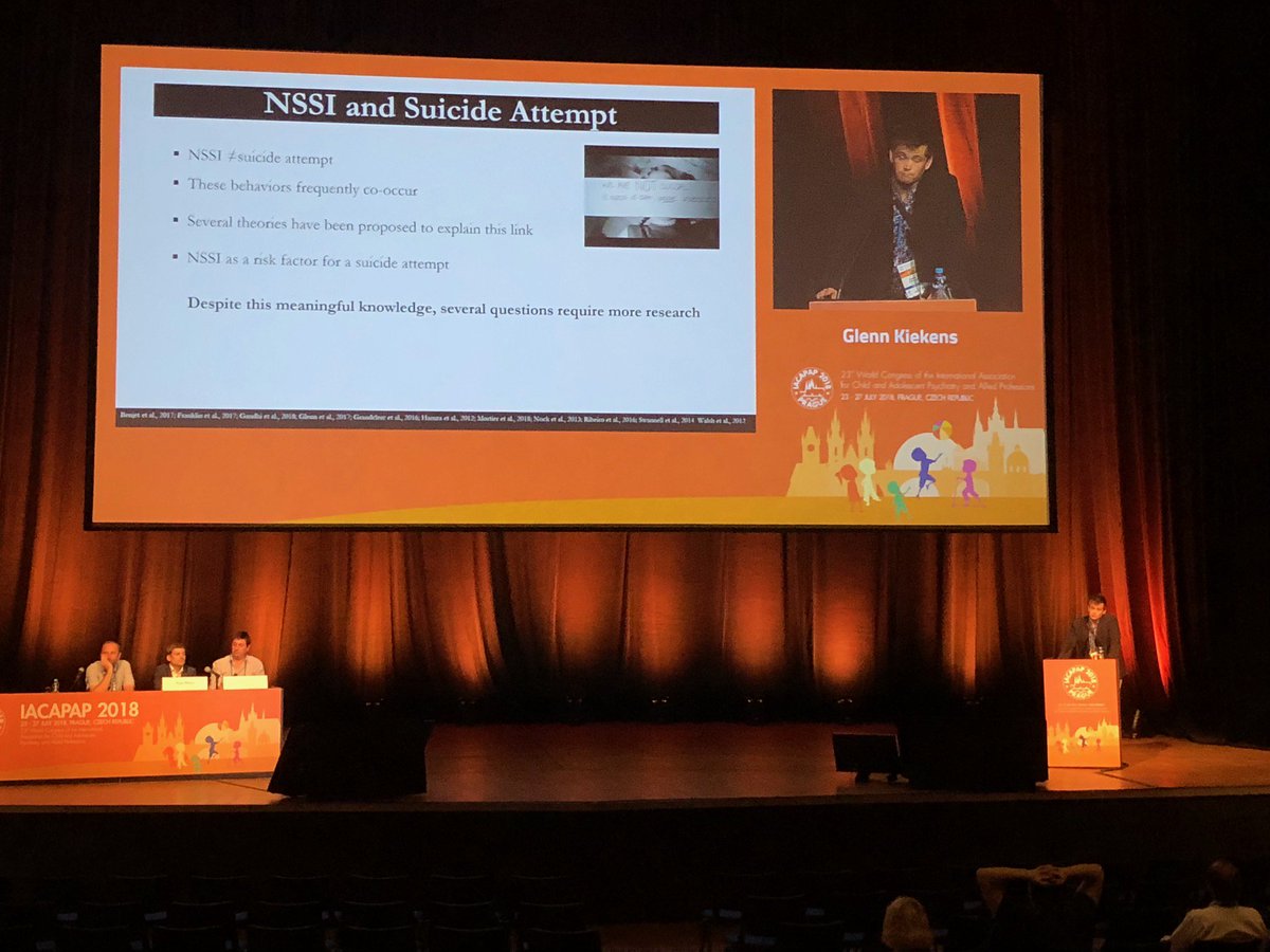 NSSI_RG's tweet photo. PhD student and @NSSI_RG member @GKiekens presenting his research on #NSSI and first onset suicidal thoughts and behaviour #IACAPAP18 #IACAPAP2018 https://t.co/R9N1J8QaM9