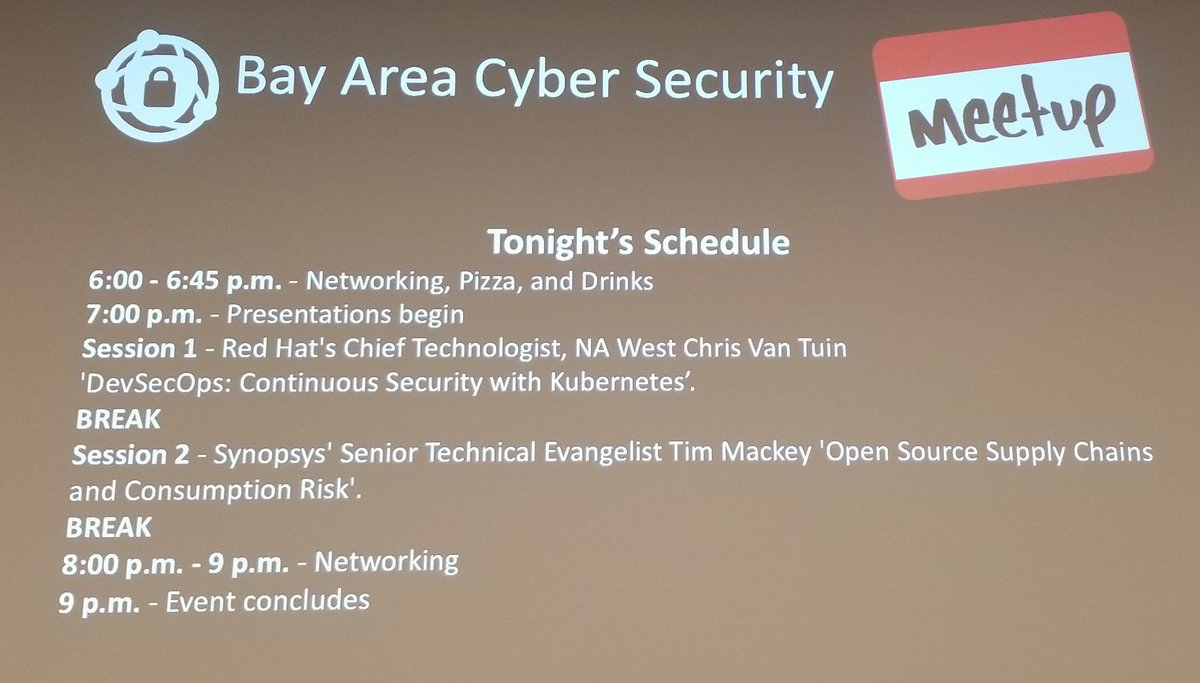 TimInTech's tweet photo. Getting ready for tonight's Bay Area Cyber Security Meetup. Great group tonight to talk open source. #BACSM #DevSecOps #opensource @black_duck_sw @SW_Integrity @RedHat @chrisvantuin https://t.co/K9r1VrbIns