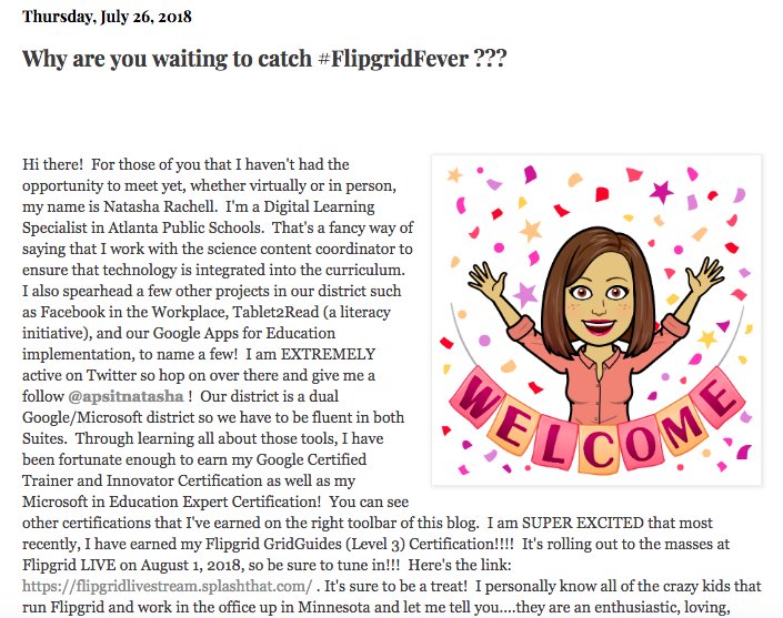 apsitnatasha's tweet image. Why are you waiting to catch #FlipgridFever ??? Annnnndddd I may or may not be 1 of a select few to have earned our #GridGuide Certification!  Don&apos;t worry!  @Flipgrid will be releasing ALL the details at #FlipgridLive on August 1, 2018!  natasharachell.blogspot.com/2018/07/why-ar…