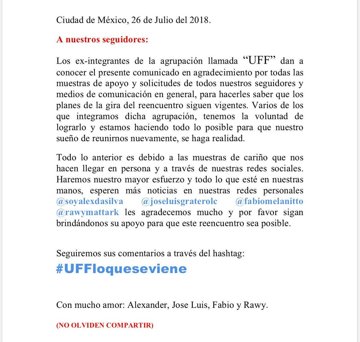 EnPOPados's tweet photo. COMUNICADO DE PRENSA #UFF... @JL_Graterol @SoyAlexDaSilva @fabiomelanitto @rawymattark RT #UFFans #UFFloqueseviene https://t.co/11oD280hk9