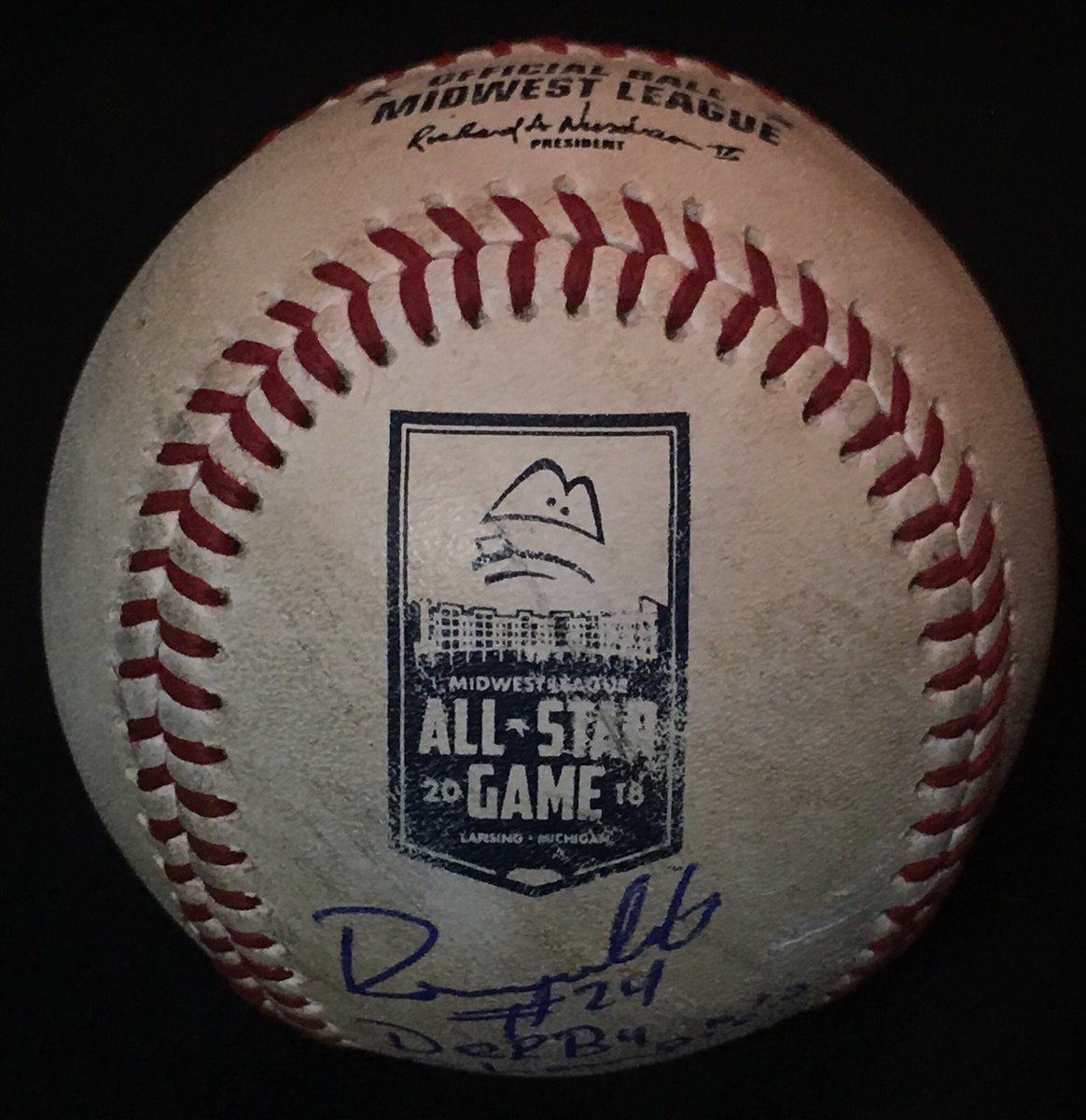 LeaguesBaseball's tweet photo. The @LansingLugnuts hosted the 2018 MWL All Star Game. #Rays prospect Ronaldo Hernandez (@BGHotRods), who won the HR Derby, is the signature. #baseball #baseballs #AllStar #MidwestLeague #MiLB #LugLife #MWLASG https://t.co/qwwSeaiotG