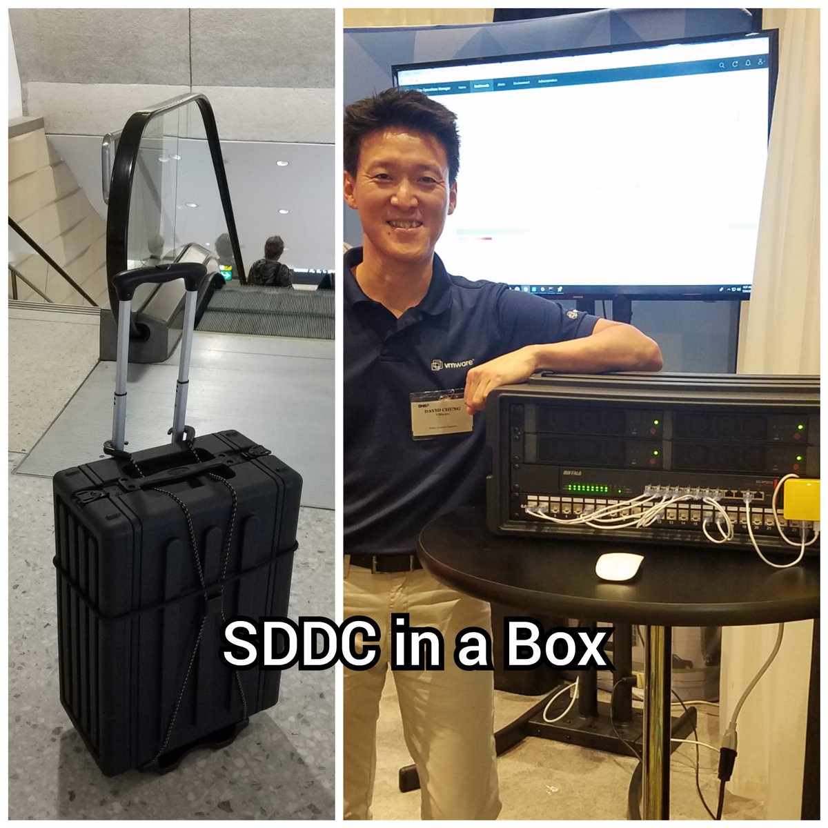 dchung615's tweet photo. Had great time demonstrating #VMware #SDDC in a box at #DHITS2018. Composed of 4 node all flash #vSAN, #NSX, and #vSphere with 10Gbe network. The case is legal airline carry-on size and it fit perfectly on airplane overhead bin.  Behold the power of #HCI. https://t.co/njFhL3RJ3t