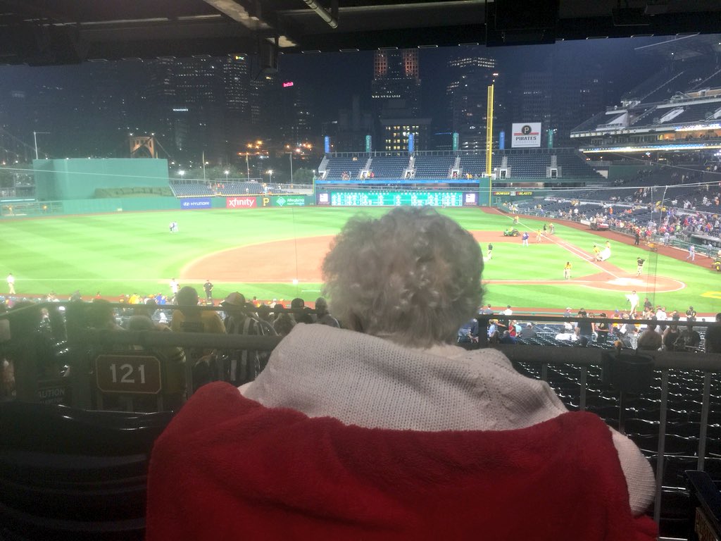 KarlesSHARKley's tweet photo. 96 years of watching @Pirates baseball and she finally got to see a game LIVE. Happy birthday lovey 💙⚾️ https://t.co/jZF5C3jvmJ