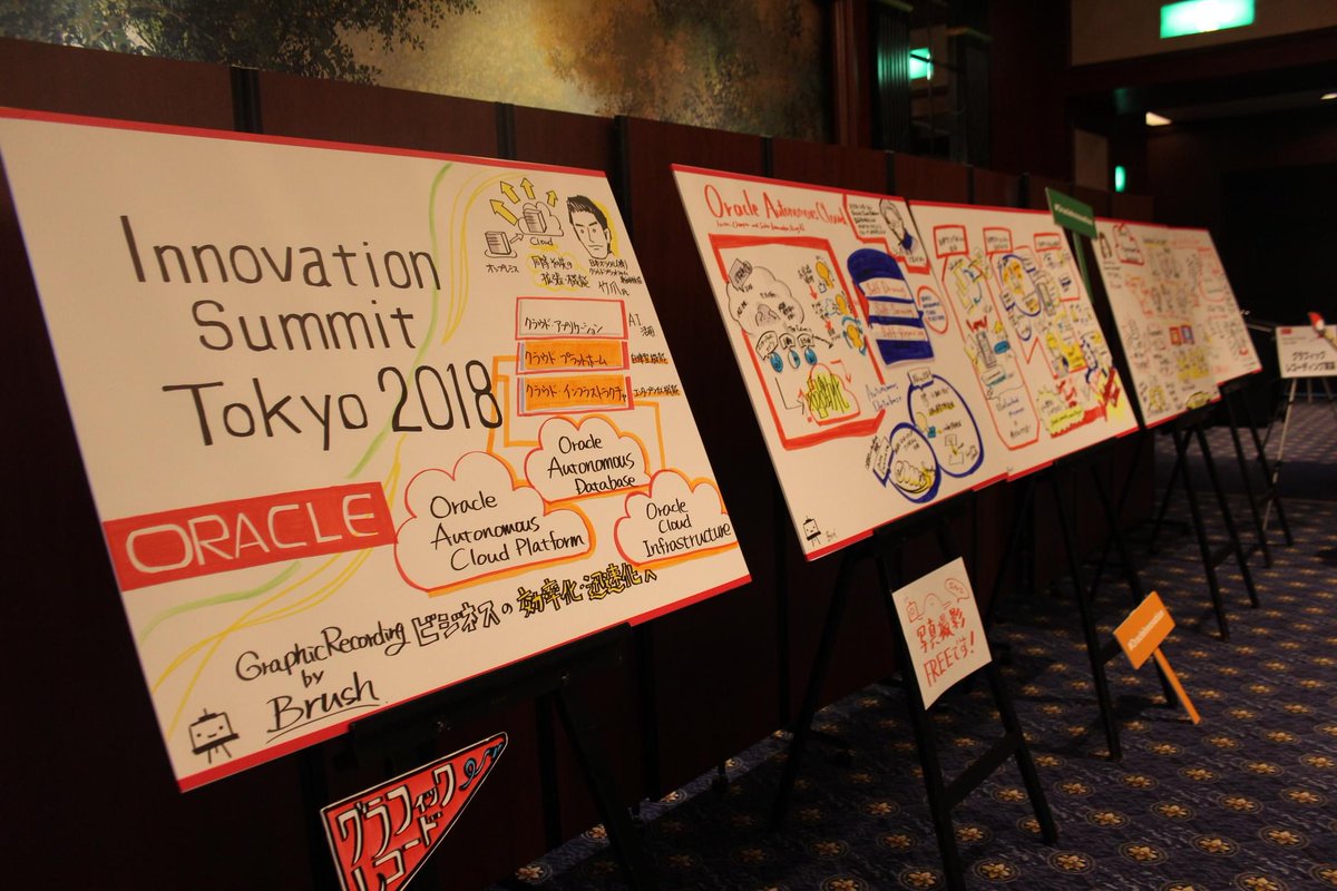 Oracle_Japan's tweet image. 「Oracle Innovation Summit 2018」の基調講演のポイントをグラフィックレコーダーがのリアルタイムに記録したパネル。総合受付近くで、現在展示中です！#OracleInnovation