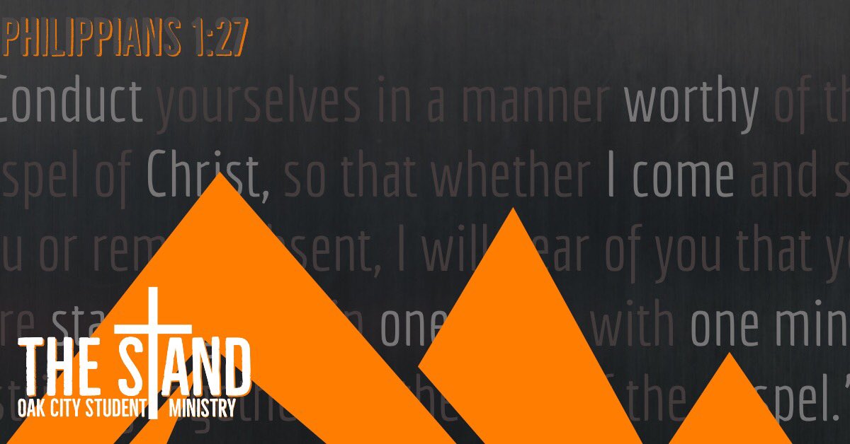 theStandOakCity's tweet photo. Phil. 1:27 Live your life in a manner worthy of the gospel of Christ. Then, whether I come and see you or am absent, I will hear about you that you are standing firm  in one  spirit, with one mind,  working side by side for the faith  that comes from the gospel #thestand #ocbc https://t.co/1LoW7HxKmV