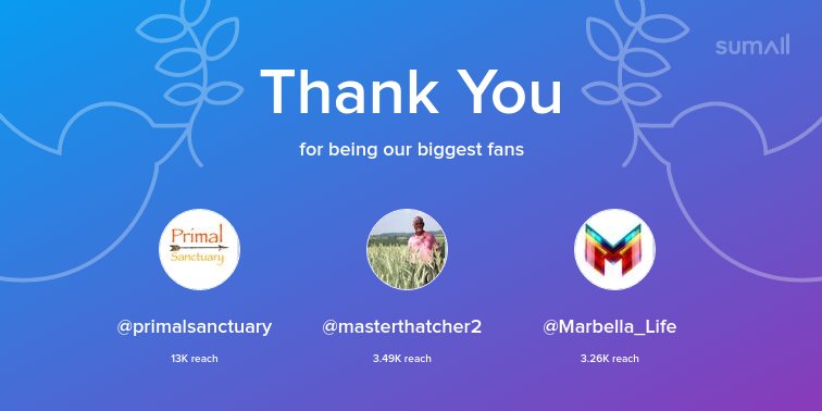 Our biggest fans this week: @primalsanctuary, @masterthatcher2, @Marbella_Life. Thank you! via sumall.com/thankyou?utm_s…