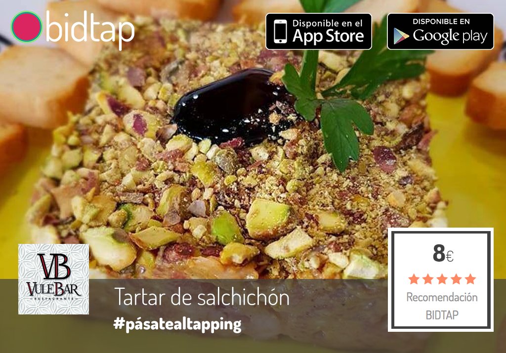 bidtap_io's tweet photo. ¡¡¡ Por fin viernes !!!
No dejes escapar esta delicia de #tartar de la mano de Vulebar Restaurante.
"Tartar de salchichón de Málaga (García-Agua) con crujiente de pistachos"
¿Te animas a probarlo?
👉😋https://t.co/vmajvGaoYL
.#tartar #pasatealtapping #foodie #gourmet #Malaga https://t.co/Lb4NAXu0p4