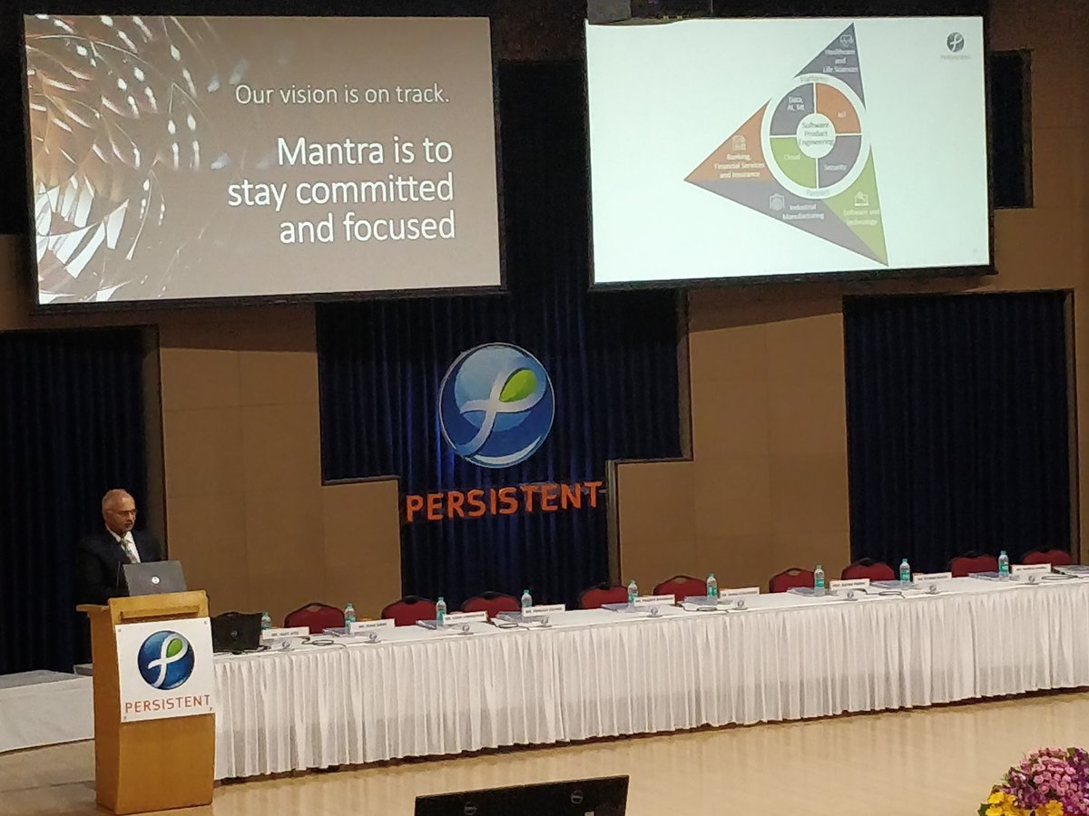 Persistentsys's tweet photo. Our vision is on track and #EmergingTechnologies are a big part of it! @anandesh takes shareowners through the highlights of the year. #PersistentAGM2018 #AGM2018 #MachineLearning #ArtificialIntelligence https://t.co/aZg7ZrVuj4