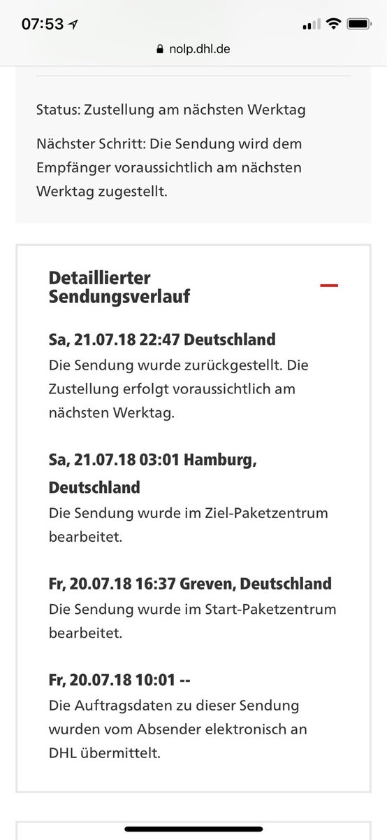 emiliacoeur's tweet photo. @DHLPaket Moin! Mein Paket ist seit vergangenen Samstag (21.7.)„zurückgestellt“ und sollte am nächsten Werktag zugestellt werden. Seitdem ist nur leider nichts passiert. Könnt ihr mir da ein Update geben? :) https://t.co/IJEAJanTTb