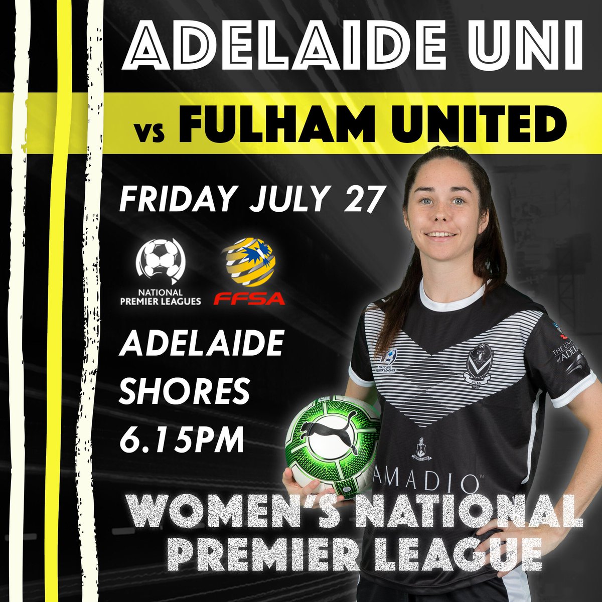 AdelaideUniSC's tweet photo. GAME DAY!
🆚@fulhamunitedfc
⏰6.15PM
🏟Adelaide Shores
📱Twitter updates #UNIvFUL
#ffsanpl #backtheblacks https://t.co/fO7bxPjL3Z