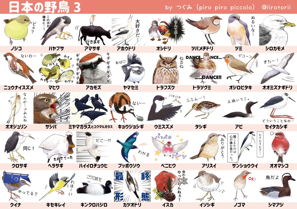 تويتر 𝚙𝚒𝚛𝚘 𝚙𝚒𝚛𝚘 𝚙𝚒𝚌𝚌𝚘𝚕𝚘 على تويتر 名前知りたい とのご要望いただきましたので 日本の野鳥lineスタンプの鳥の名前をまとめました 描き直したい けど直せない もの多々あるので広 い心で見て T Co Tqho1skg76