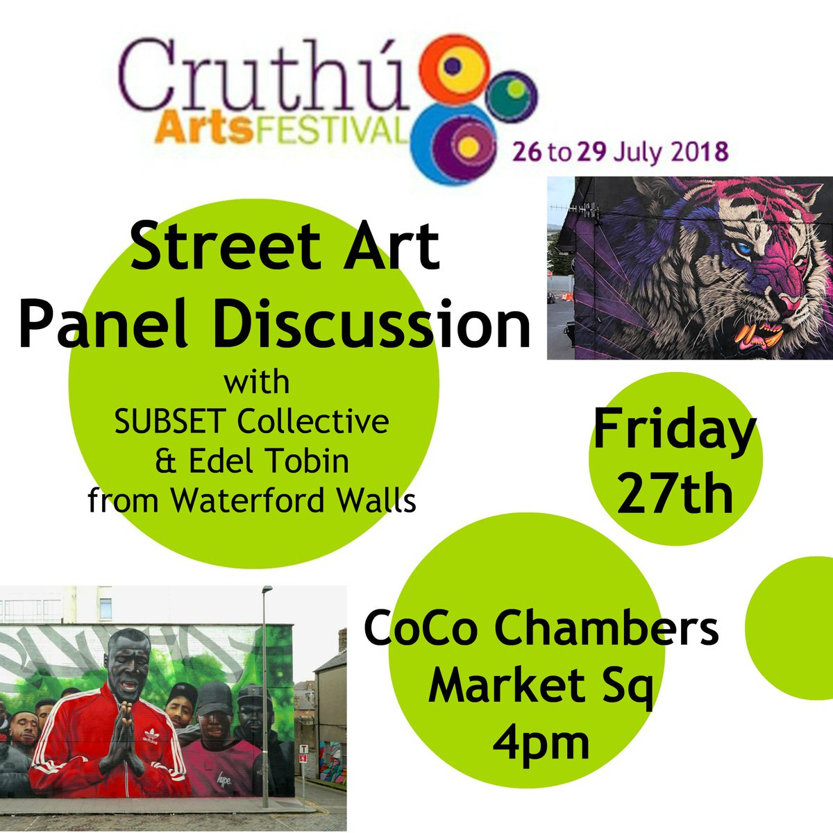 Not only are we creating amazing street art this year, we'll be talking about it to! Join us at 4pm today for this very special panel discussion about large format art in the public realm with SUBSET and Edel Tobin, director of Waterford Walls 😊