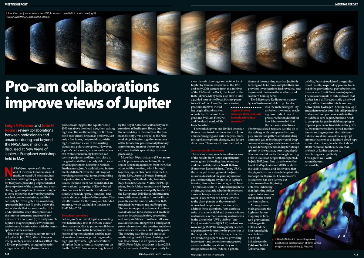 LeighFletcher's tweet photo. A summary of the #RASJuno workshop in May, which brought together amateur observers, citizen scientists and members of the @NASAJuno team, has been published in @AstronGeo, along with a lovely foreword by the editor: https://t.co/4oM2hL7rvI https://t.co/9YG2cFlLZ3