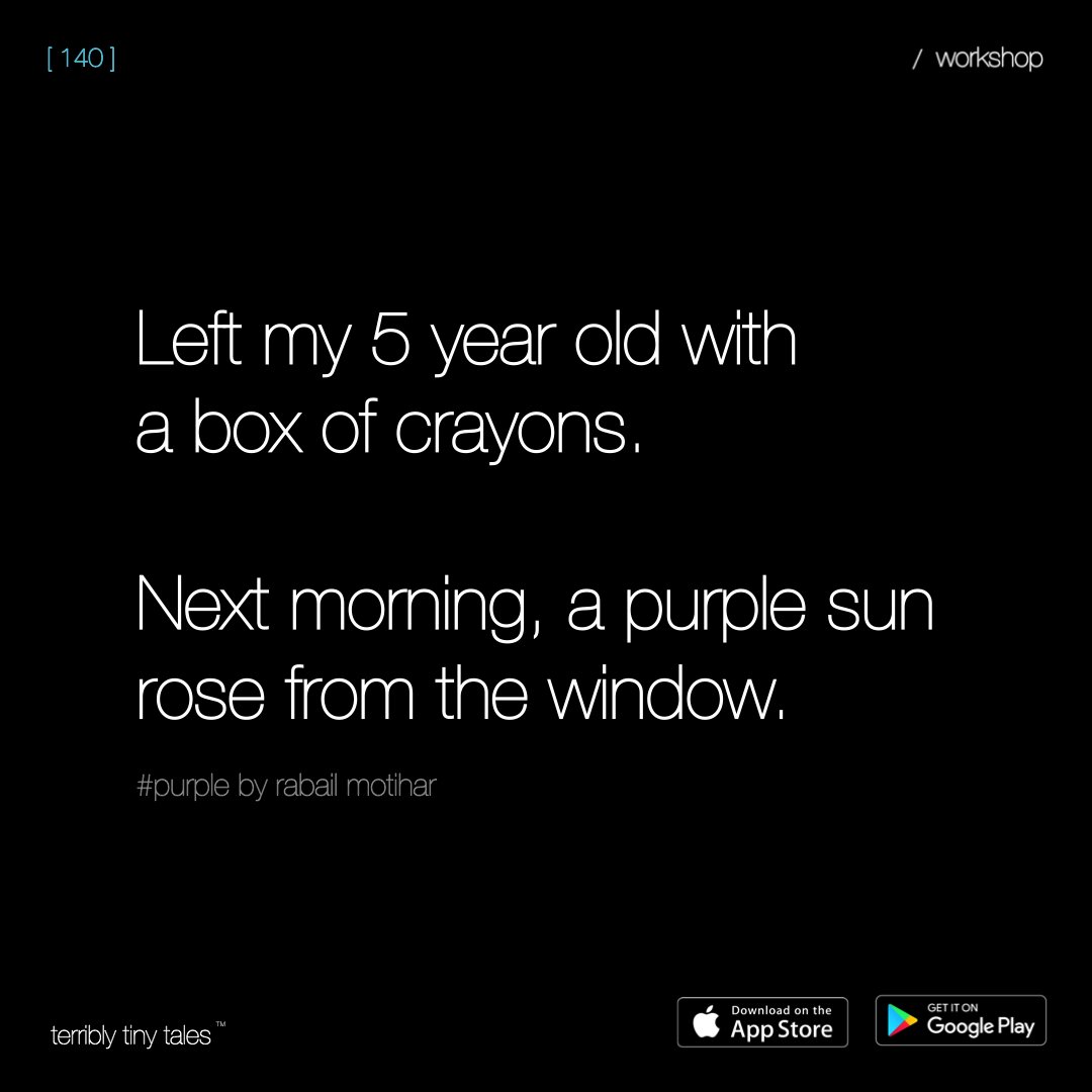 terriblytiny's tweet photo. Rabail Motihar writes a #Workshop [ 140 ] on #purple

Say hello to #WorkshopTales – a collection of the most stellar pieces we receive at our workshops held across the country. 

To invite us to your campus, festival or workspace, write to us at events@terriblytinytales.com. https://t.co/aUIrX6dcsN