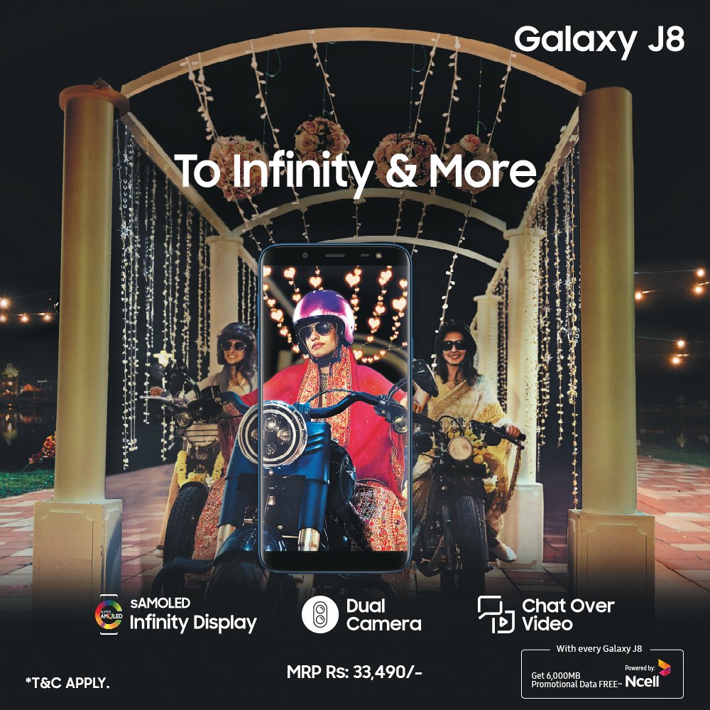 SamsungNepal's tweet photo. Introducing the all new #GalaxyJ8, designed with sAMOLED display and advanced dual rear camera that gives you infinite experience like never before.
#ToInfinityAndMore #SamsungNepal https://t.co/d0roKmsE1D