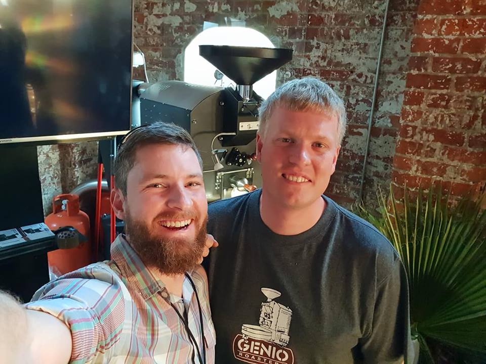 GenioRoasters's tweet photo. #RedTruckCoffeeRoastery's Dewet Beukes getting into the spirit of #CreativeCoffeeWeek in #Durban with #GenioRoasters' #NeilMaree. Let's do THIS! It's TIME for #AShotInTheDark 💪👏🙌 @TheCoffeeMag https://t.co/1TIck6wvgF