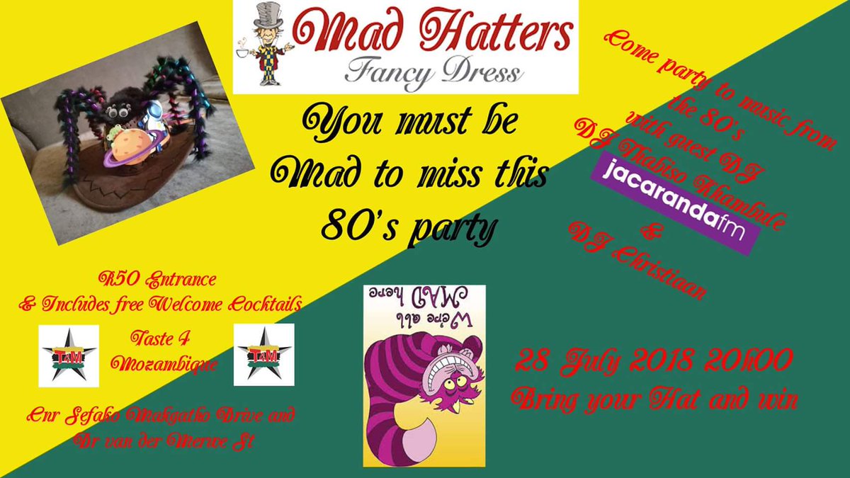 ThabisoKhambule's tweet photo. The Thabiso Khambule Gig guide:
Tonight
Weiveld
28 July
Kilnerpark Superspar
Taste 4 Mozambique for the Mad Hatters Fancy Dress 80's Party
Lallieโs mix pending. Listen out on @jacarandafm @JacaDrive
๐#I'mYourDj ๐ง #I'mYourMC ๐ #JesusInControl ๐๐พ #Luke10:27 ๐ . https://t.co/5sfaixxenv