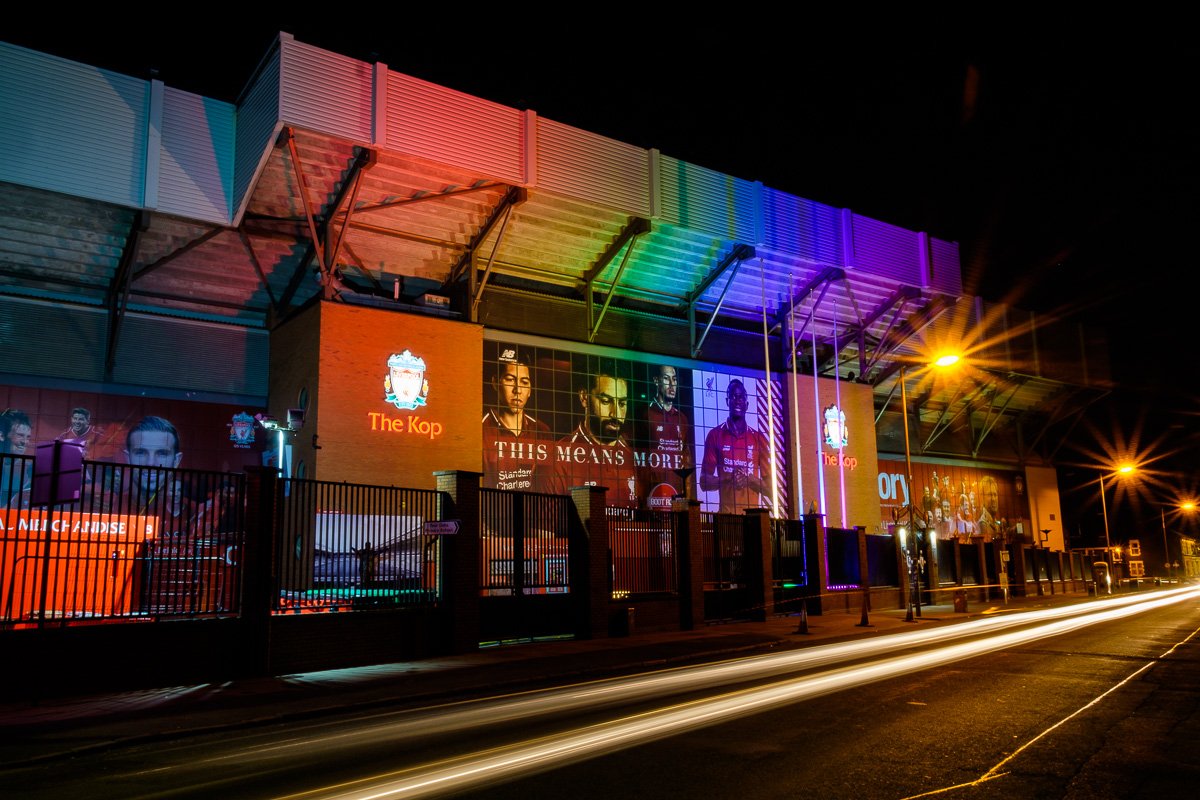 LFC's tweet image. #LFC will show its colours in support of this year's @LiverpoolPride celebrations: bit.ly/2OmBebZ 

The Kop will be lit up, @LFCRetail stores will have #Pride2018 window displays, and club representatives will be taking part in the march on Saturday.

#AllTogetherNow