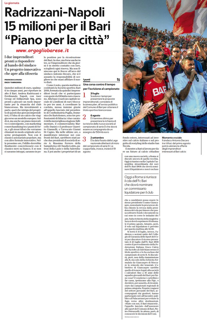 Orgoglio_Barese's tweet photo. Rassegna stampa del 27 luglio #fcbari #giancaspro #fallimento https://t.co/rcXlQnZsdD