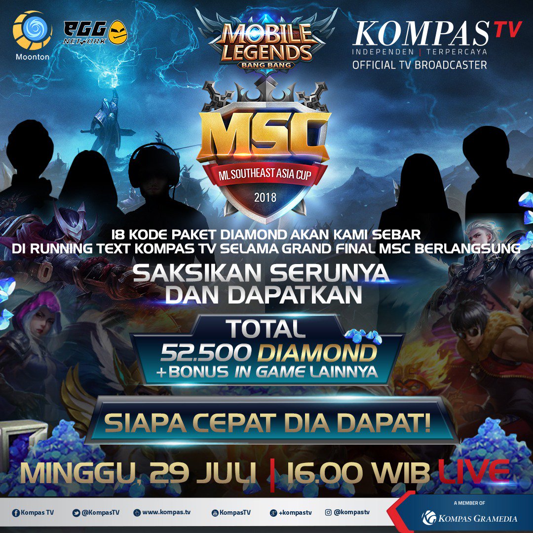 KompasTV's tweet photo. Mau beli “skin, “hero”, atau item lainnya di Mobile Legends tapi gak punya diamond? Ikutan kuis #EsportsKompasTV saja! Kuis ini berlangsung saat Grand Final MSC 2018, jadi jangan sampai terlewat ya. Info selengkapnya silahkan lihat di poster ya https://t.co/D9zmycQWpz