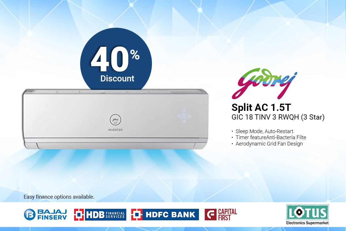 LotusElec's tweet photo. With #GodrejSplit #AirConditioner 1.5 ton (3star) enjoy perfect cooling every time you switch ON the AC.

https://t.co/ffRzMqT1XC

Visit Lotus store today

#GuruPurnima #offers #गुरुपूर्णिमा #gst #AC  #indore #bhopal #raipur #bilaspur #ujjain #nagpur #ThinkElectronics #ThinkLotus https://t.co/f9vpI6Z3C8