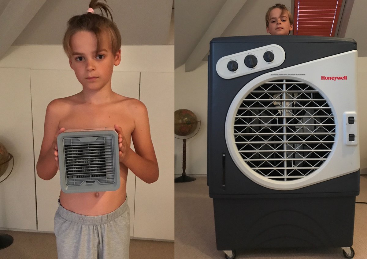 thisisheart's tweet photo. The fan @JamieTheakston thought he bought his son 
VS. 
The actual fan he bought his son🤣 
#HeatwaveFail #HeatwaveUK #InternetFail #hottestdayoftheyear https://t.co/sKgXShJ06j