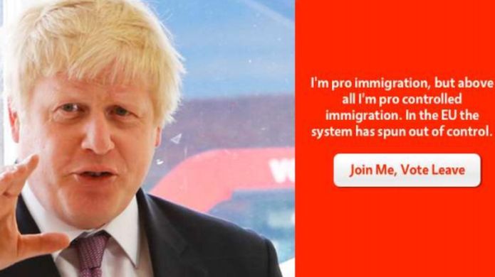 Not surprisingly, given the amount of lies told by vote.Leave, Boris was the only politician to voluntarily appear in their ads. Here he is jumping on the immigration bandwagon