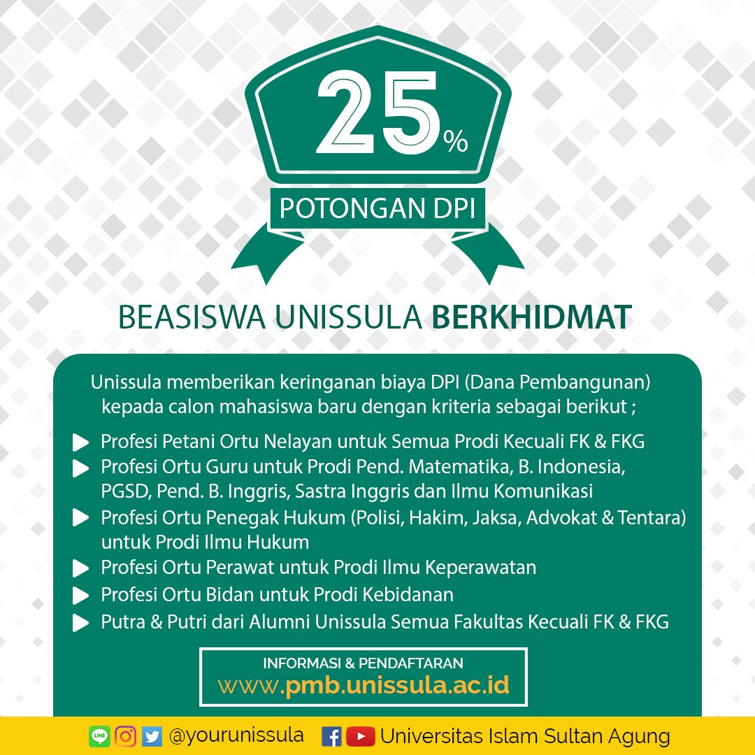 YourUnissula's tweet photo. Beasiswa untuk calon mahasiswa baru Unissula.
#beasiswa #kuliah #mahasiswa #unissula #YourUnissula #GenerasiNow https://t.co/7vmEZgaEQl
