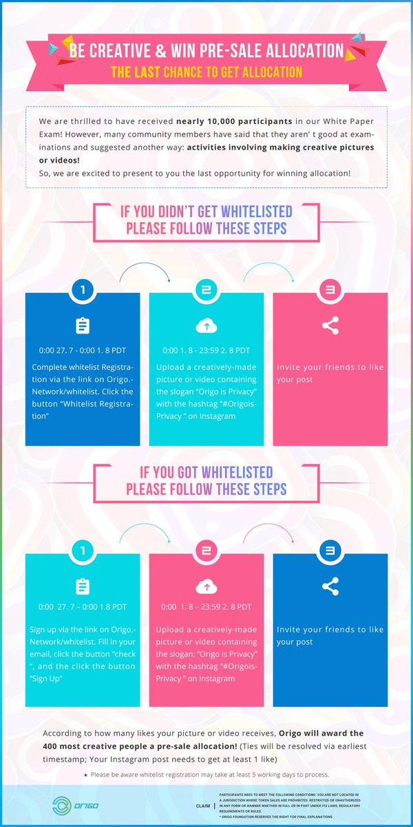 OrigoNetwork's tweet image. Be Creative &amp;amp; Win Pre-Sale Allocation! - The last chance to get allocation! Upload a creatively-made picture or video containing the slogan: “Origo is Privacy” with the hashtag #OrigoisPrivacy on Instagram 1-2 Aug. Sign up now: Origo.Network/whitelist