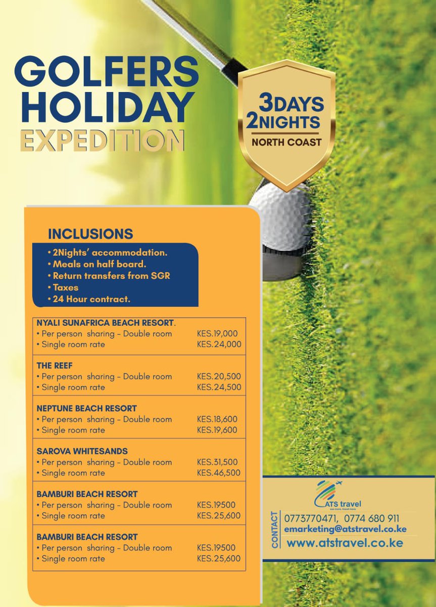 ATSTravelKe's tweet photo. Golf is good for the soul and travel is even better. Enjoy an exclusive golf holiday in Mombasa with @ATSTravelKe For more information Call 077377341. #ATSAT20 #TembeaKenya #Golf #Travel @kot @MagicalKenya @TourismMombasa @KenyaGolfUnion @KenyaGolf https://t.co/1vdJrHWtEM