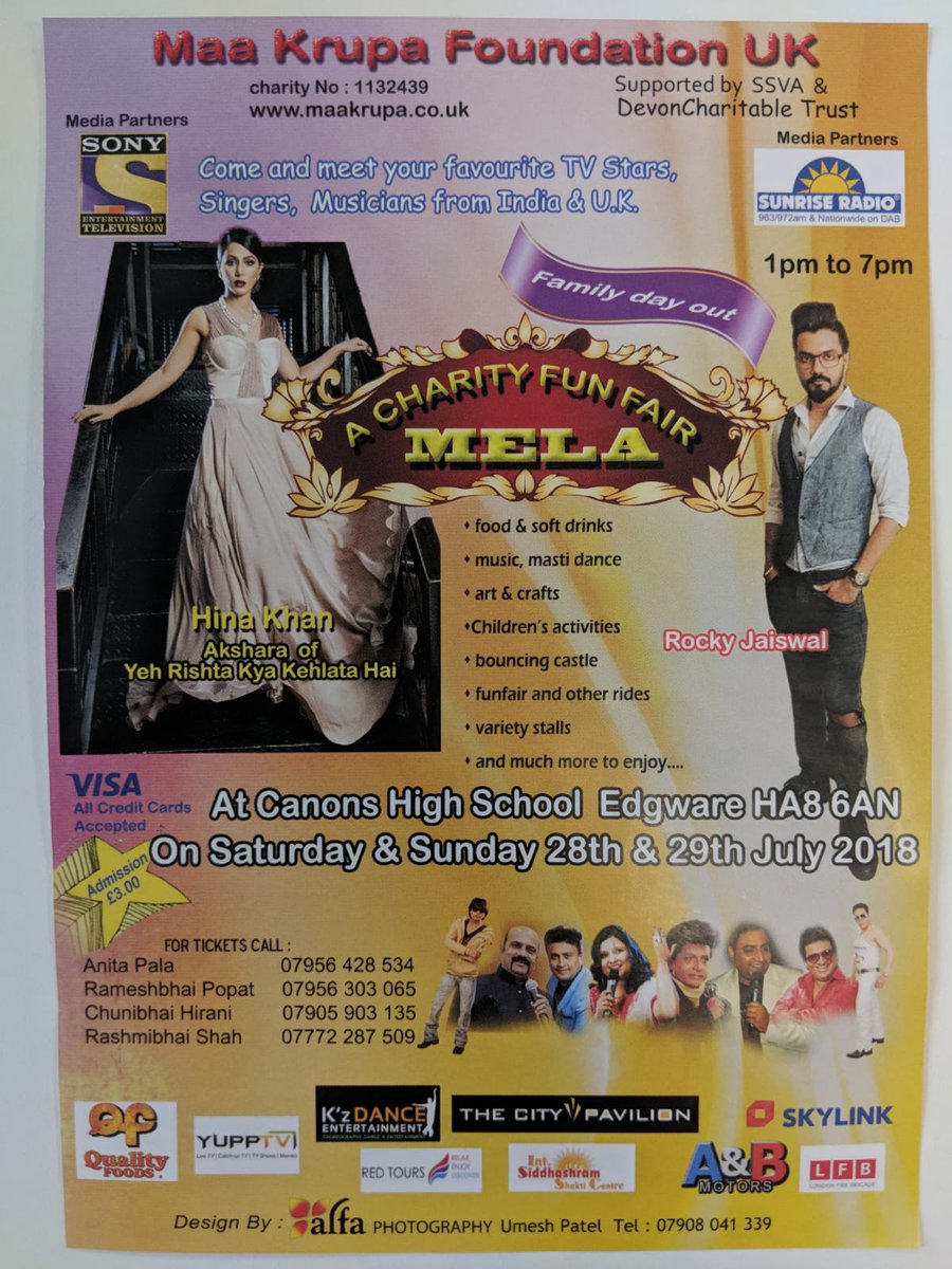 Come and see us this weekend, 1pm - 7pm at the Charity Fun Fair Mela in Canons High School (Edgware).