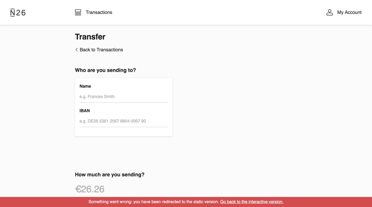 Transfer page with an error banner about being redirected to the static version of the site