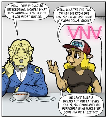 VNV Nation's music is a massive inspiration for the series, which is why there are so many shout-outs to them in the comic.
All the chapter titles in Episode 2 are VNV Nation song titles.
And then there's the neon sign Sally-Jean has hanging in the cafeteria...