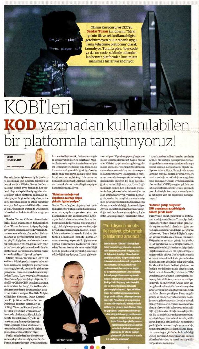 ofisimcom's tweet photo. Genel Müdürümüz Serdar Turan'ın, Dünya Gazetesi ile olan röportajı bugün yayımlandı. #Business #CRM #İK https://t.co/hexBc8W1SD