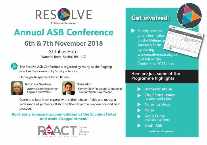 resolveasb's tweet photo. 1/3 announcements #FridayFeeling 
We are pleased to announce @ManchesterASBAT will be delivering a workshop at  #resolveConf 
Want to find out more  #TacklingASB #CityCentreIssues then #getbooking to 👂 about their innovative partnership working &amp; use of powers #ASBCPA14 https://t.co/JwxnEIf7mH