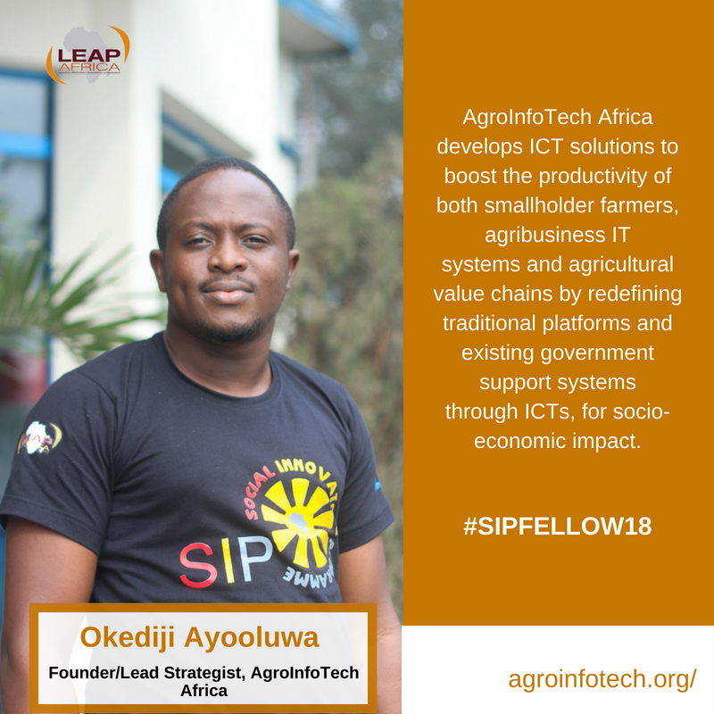 LEAPAfrica's tweet photo. Okediji Ayooluwa; Lead Strategist @agroinfotech and an #SIPFellow.
His initiative develops ICT solutions to boost the productivity of both smallholder farmers, agribusiness IT systems and agricultural value chains.
Be like Ayo!
Apply today for the #SIPA https://t.co/MRDFM4fT0m https://t.co/JbjDiYgioG
