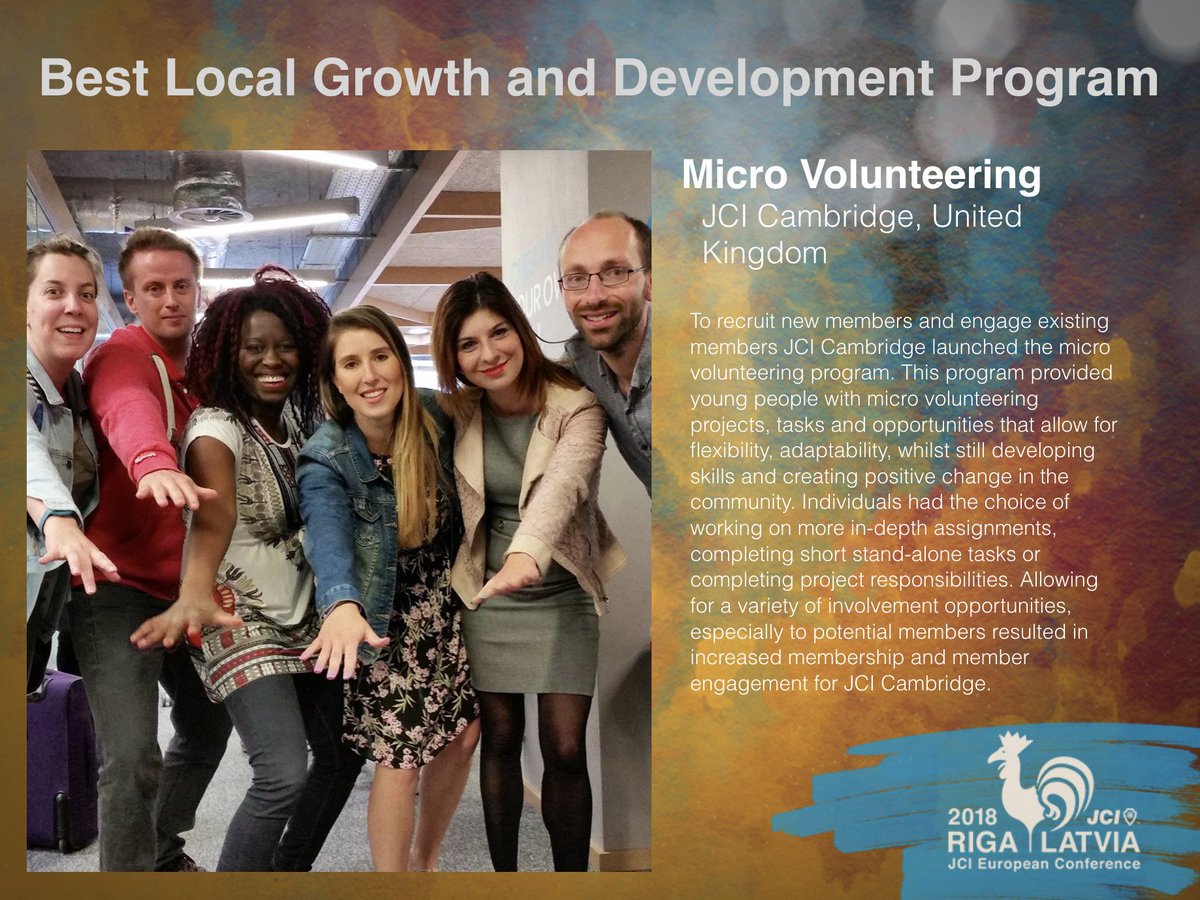 JCIEurope's tweet photo. Have you heard about #microvolunteering? Best Local Growth and Development Program 2018 is the Microvolunteering program by @jcicambridge that provides young people with small projects that create #positivechange while still being flexible. 
 #JCIAwards #ActiveCitizens https://t.co/l1u27GtKWw