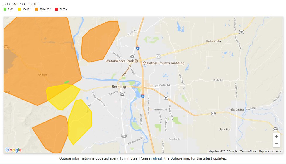 Here is The PGE outage map for Redding CA. At 5:00 EDT. #CarrFire  #ReddingCalifornia  #wildfires  #cawx